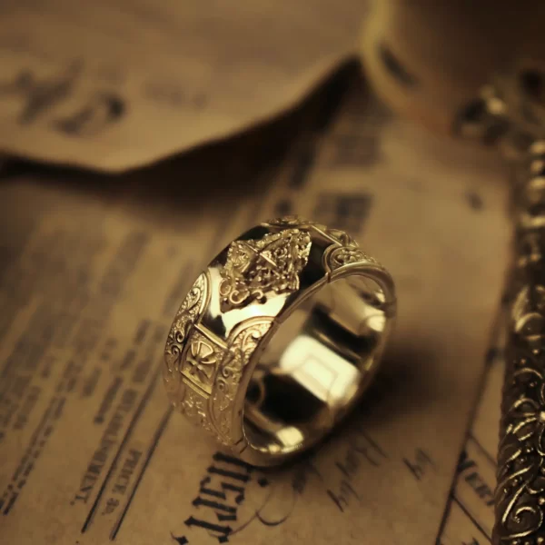 Discover the elegance of Silveringdom with our exquisite matching rings collection. Each piece is meticulously crafted in light silver, showcasing intricate designs that capture the essence of timeless beauty. The central ring features a delicate cross, symbolizing faith and unity, making it a perfect choice for those who cherish meaningful jewelry. The matching rings complement each other, creating a harmonious set that speaks of sophistication and style. Set against a vintage backdrop, these rings not only shine with their light silver luster but also tell a story of craftsmanship and elegance. Embrace the allure of Silveringdom and let these matching rings be a testament to your unique taste and style.