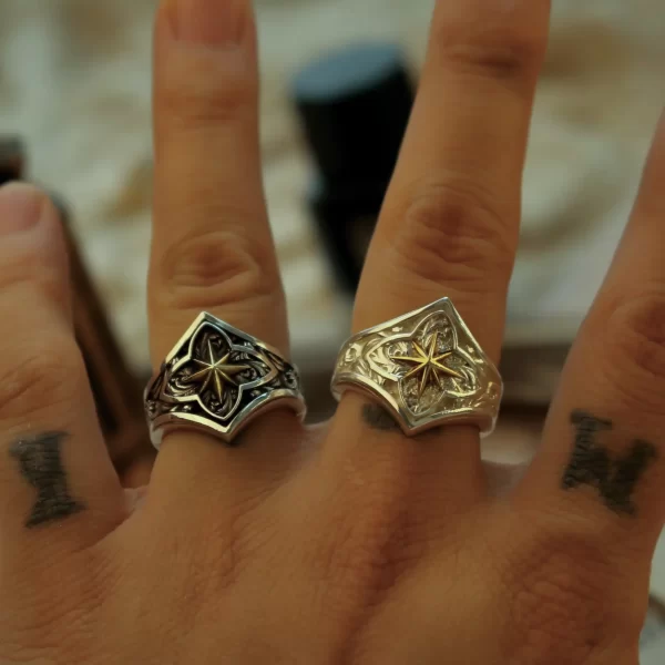 Introducing the exquisite Silveringdom Matching Rings collection, a perfect blend of elegance and symbolism. These rings feature a stunning contrast between dark silver and light silver, creating a captivating visual harmony. The central design of each ring is inspired by Polaris, the North Star, symbolizing guidance and direction. The intricate patterns and star motifs evoke a sense of the holy, adding a spiritual dimension to these pieces. Crafted with precision, these matching rings are ideal for couples seeking a meaningful connection through their jewelry. The dark silver ring exudes a mysterious allure, while the light silver ring radiates a gentle glow, making them a perfect pair for any occasion.