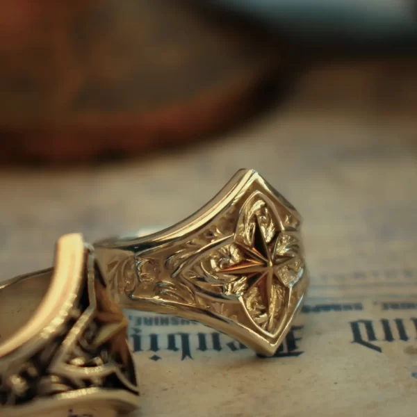 In the heart of Silveringdom, these matching rings crafted from light silver symbolize unity and elegance. Each ring features a delicate engraving of Polaris, the North Star, guiding like a holy beacon. The intricate designs reflect the light beautifully, creating a mesmerizing play of shadows and brilliance. These rings are not just accessories; they are a testament to the craftsmanship and artistry of Silveringdom. Perfect for couples, they embody a connection that is both timeless and divine. The polished surfaces and precise engravings make these rings a standout piece in any jewelry collection, capturing the essence of light and direction in their exquisite design.