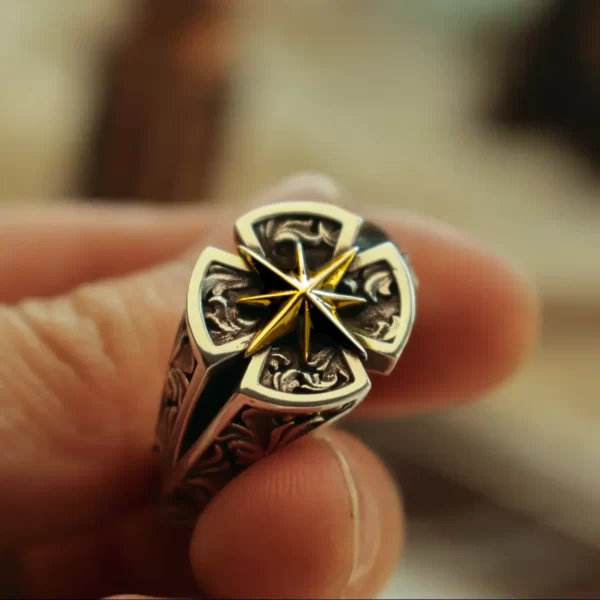 In the heart of Silveringdom, these exquisite matching rings are crafted from the finest dark silver. Each ring features a beautifully etched Polaris, the North Star, symbolizing guidance and constancy. Surrounding Polaris is an intricate rose pattern, adding a touch of delicate elegance to the bold design. The contrast between the dark silver and the golden highlights of Polaris creates a striking visual effect. These rings are not just pieces of jewelry; they are symbols of unity and love, perfect for those who seek a meaningful connection. Wear these matching rings as a testament to your journey together, guided by the unwavering light of Polaris and the timeless beauty of the rose.