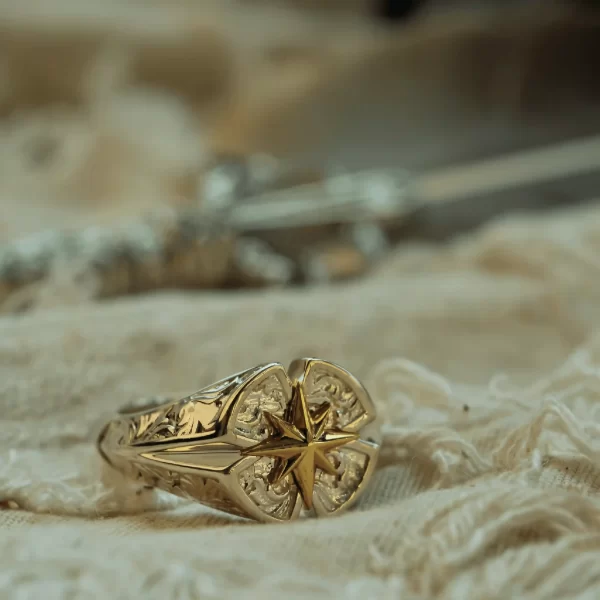 Introducing the exquisite Silveringdom collection, featuring a stunning set of matching rings. The centerpiece is a rose gold ring adorned with a captivating Polaris star design, symbolizing guidance and brilliance. The intricate star is highlighted in light silver, creating a striking contrast against the warm rose gold. These rings are meticulously crafted to embody elegance and sophistication, perfect for those seeking a unique and meaningful accessory. The delicate patterns surrounding the Polaris star resemble petals, adding a touch of floral charm to the design. Embrace the beauty and craftsmanship of Silveringdom’s matching rings, where every detail is a testament to timeless artistry and style.
