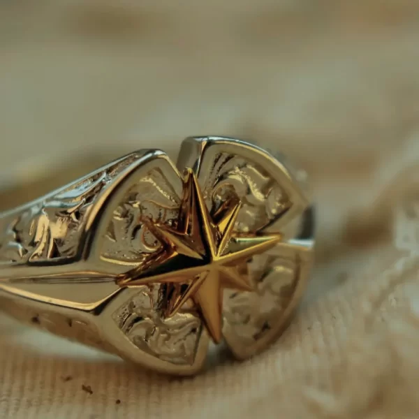 Introducing the Silveringdom Polaris Collection, featuring exquisite matching rings that blend elegance with an androgynous appeal. Each ring is handcrafted with meticulous attention to detail, showcasing a stunning Polaris star at its center. The star is beautifully contrasted against a backdrop of delicate rose petals, all rendered in light silver. These rings are not only visually striking but also offer the option to customize them to your personal taste, making them a perfect symbol of individuality and style. Whether you’re looking for a unique accessory or a meaningful gift, the Polaris Collection from Silveringdom is designed to captivate and inspire.