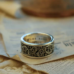 This exquisite ring from Silveringdom features intricate scrollwork that showcases the artistry and craftsmanship of its design. The scrollwork is in high relief, creating a three-dimensional effect that catches the light beautifully. The ring’s polished silver surface contrasts elegantly with the detailed scrollwork, adding depth and texture to the piece. Resting on an aged piece of paper, the ring exudes a sense of antiquity and timeless elegance. The combination of the ornate metalwork and the historical backdrop suggests a story of heritage and tradition, making this ring not just a piece of jewelry, but a work of art that carries a rich narrative.