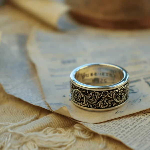 This elegant Silveringdom ring showcases intricate scrollwork in high relief, creating a stunning three-dimensional effect. The polished silver surface contrasts beautifully with the detailed scrollwork, adding depth and texture to the piece. The ring rests on an aged parchment with handwritten text, enhancing its antique and timeless appeal. The combination of the ornate metalwork and the historical backdrop suggests a story of heritage and tradition. This Silveringdom ring is not just a piece of jewelry but a work of art that carries a rich narrative, making it a perfect choice for those who appreciate craftsmanship and history.
