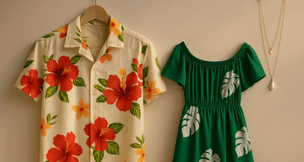 This image presents a beautifully styled Hawaiian-themed ensemble, with a cream floral aloha shirt, emerald green off-the-shoulder maxi dress, and tan minimalist sandals. The warm, soft lighting enhances the intricate floral patterns and relaxed fit of each garment. Elegant gold jewelry—featuring a pair of hoop earrings, a pearl pendant necklace, and delicate rings—adds a refined touch to the laid-back tropical theme. The balanced composition and subtle textures create a serene, elevated atmosphere, perfect for embracing the spirit of Hawaii outfits.