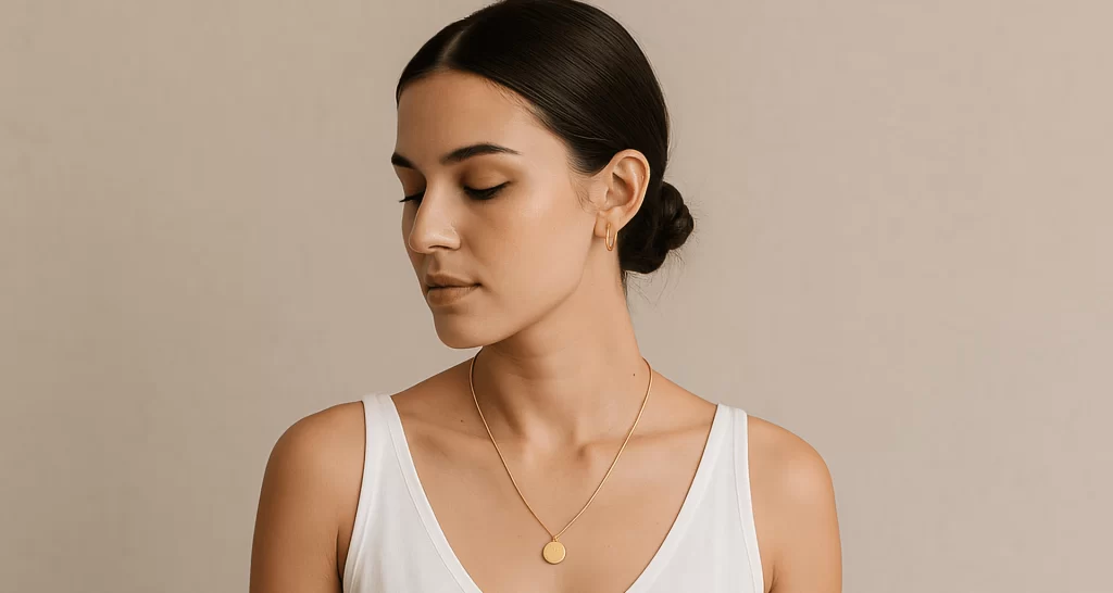 This serene portrait reflects the essence of a minimalist lifestyle, where simplicity is celebrated through soft neutral tones and refined elegance. The subject wears a simple white V-neck top paired with beige linen trousers, highlighted by delicate gold jewelry. The photograph captures a tranquil, balanced moment, emphasizing the calm and understated beauty that is central to minimalist living. The use of natural light and the subject's composed expression adds to the overall harmony of the image.