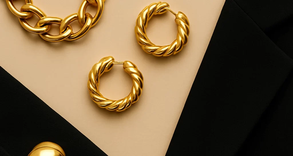 This abstract fashion-inspired flat lay showcases a curated mix of accessories and textures, representing contemporary fashion style trends. A bold gold chain necklace, twisted hoop earrings, and a sculptural dome ring rest on smooth black fabric and a beige background, blending high-contrast color palettes with clean composition. The juxtaposition of matte fabric and reflective metal captures the essence of minimal elegance, hinting at a fashion style that merges sophistication with simplicity. This image speaks to the core of modern style storytelling—where bold accents, refined shapes, and thoughtful design create a timeless visual appeal without relying on human models.