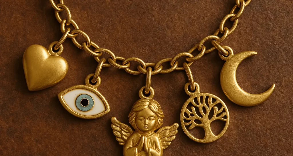 This image features a spiritual and elegant gold charm necklace, placed on a warm, textured brown background. The necklace is crafted with five distinct charms, each representing deep emotional and spiritual meanings. The polished heart stands for love, the "evil eye" offers protection, the serene angel symbolizes peace, the crescent moon evokes mystery, and the tree of life signifies growth and connection to nature. The charms are delicately suspended on a medium-thick gold chain, capturing the essence of spirituality and personal significance, with soft lighting enhancing their divine presence.