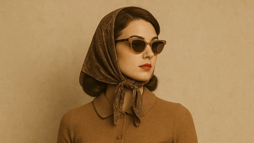 This image captures the essence of a true vintage revival, featuring a poised young woman in classic 1950s attire. She stands against a soft beige backdrop, dressed in a camel-colored knit dress cinched with a slim brown belt. A paisley-patterned headscarf and perfectly aligned cat-eye sunglasses complete her refined mid-century look, while a structured suede handbag adds to the timeless aesthetic. The subdued color palette and elegant styling echo the nostalgic charm of post-war fashion, making this image a perfect visual reference for those inspired by the elegance of yesteryear. Her confident yet serene expression reflects the sophistication that defines authentic vintage style in today’s fashion revival.